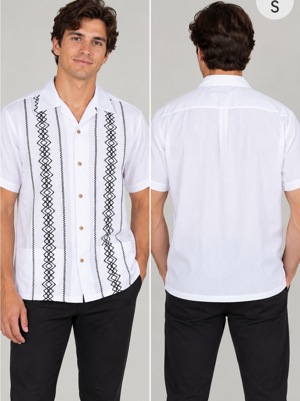 Guayabera Men’s White Short-Sleeve Dress Shirt with Black Embroidered Front Sz